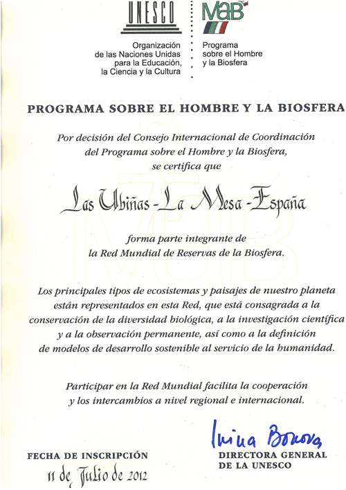 Certificado Parque Natural Ubiñas-La Mesa - Reserva Natural de la Biosfera