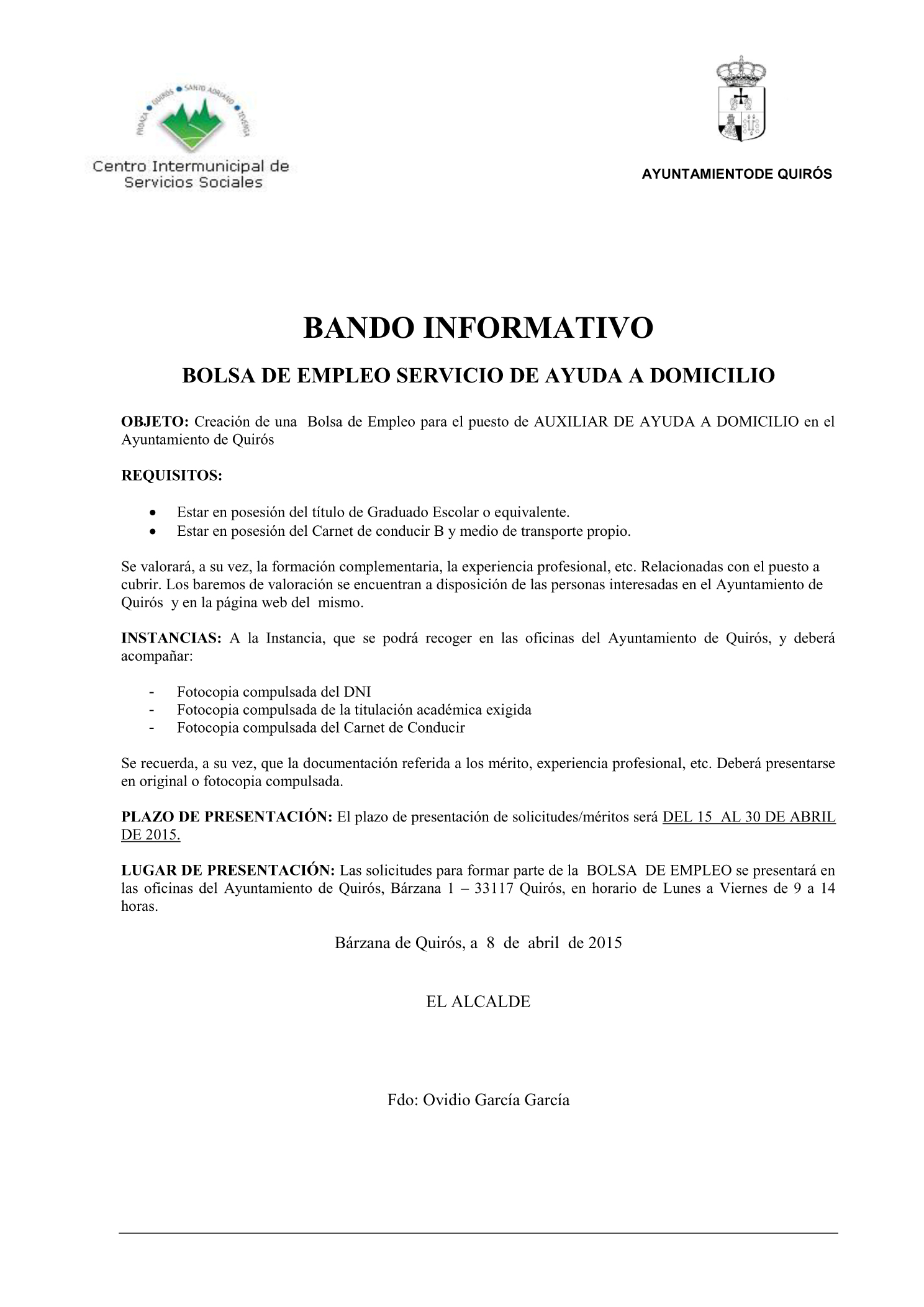Bolsa Empleo Ayuda Domicilio Ayto Quirós